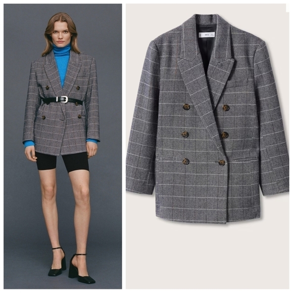 New MANGO Oversized Woolen Checked Print Blazer/Suit Jacket NWT Large - Picture 1 of 12